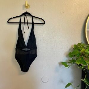 Topshop Plunge Mesh Halter One Piece Swimsuit